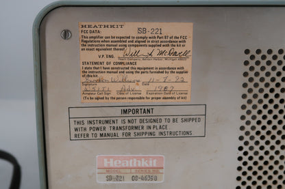 U20106 Used Heathkit SB-221 2KW Linear Amplifier with weak Tubes