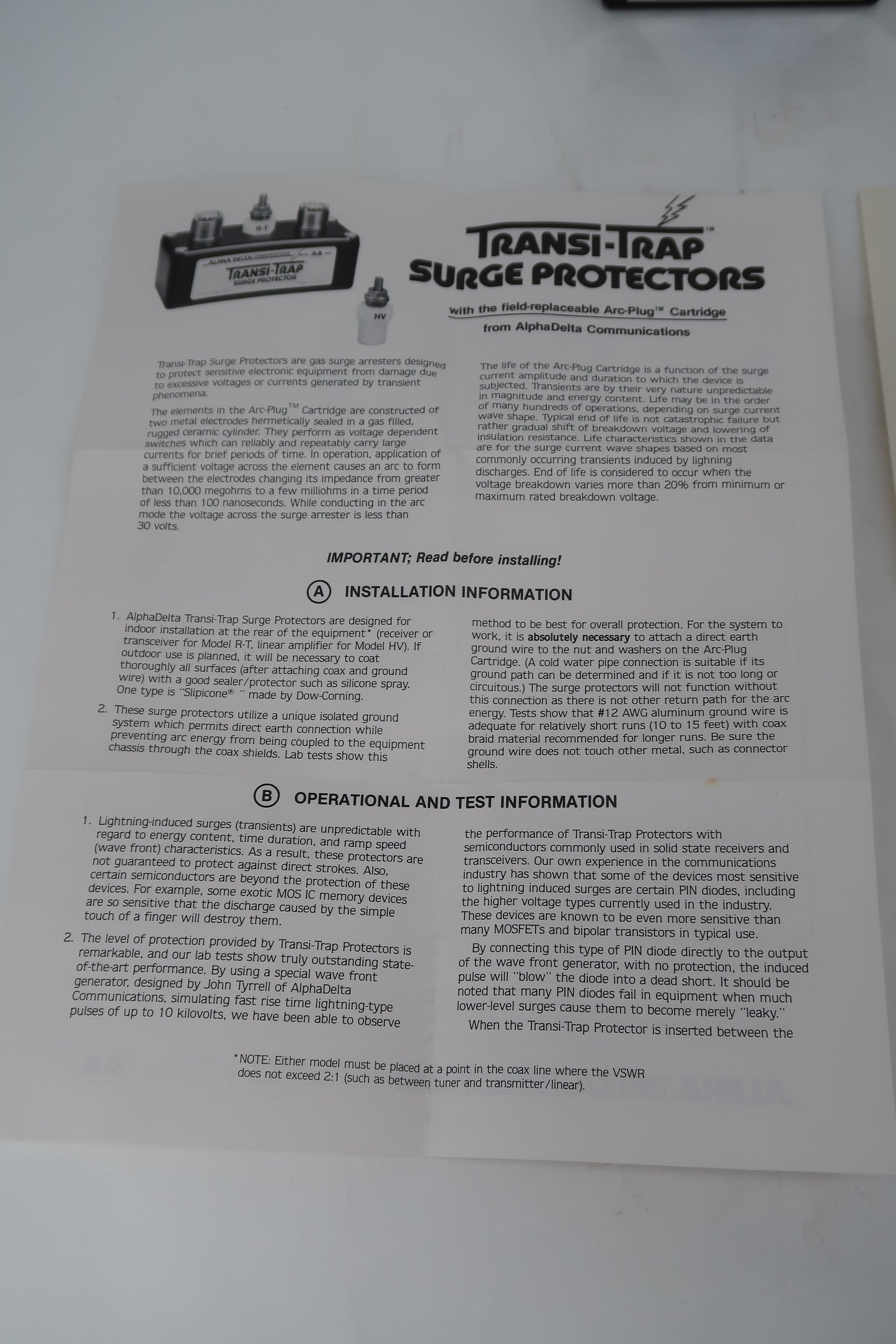 U20113 Alpha Delta Transi-Trap Lightning Protection
