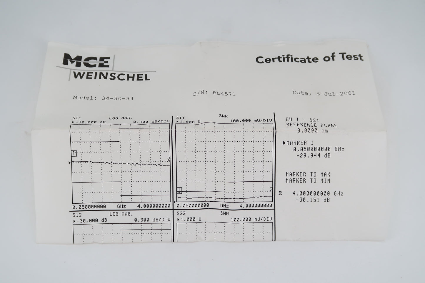 U19563 Used Weinschel Corp. Model 34-30-34 Fixed Coaxial Attenuator