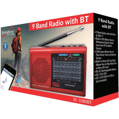 Supersonic - 9-Band Rechargeable Radio Shortwave SC-1080BT, Bluetooth, USB/microSD Card Input - Red